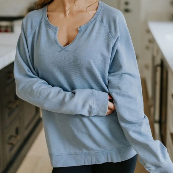 Mono B Tops - mono b | Dusty Blue Brushed 100% Cotton Sweatshirt, Crewneck with V-Cutout